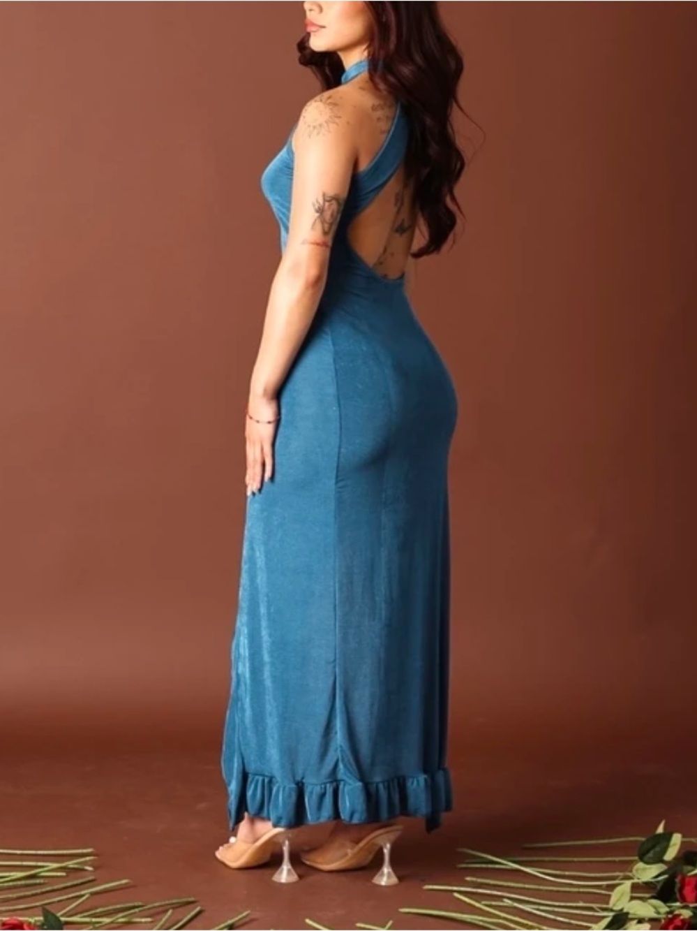 Woman’s Halter Tie Blue Backless Ruffle Maxi Dress With Side Slit